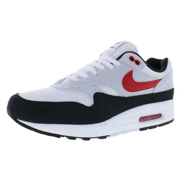 Mens modern white university red air max 1 sneaker with black accents red swoosh and translucent air sole unit