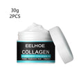 White plastic jar of eelhoe men’s moisturizing nourishing skin collagen cream with black label and 30g hydrolyzed collagen
