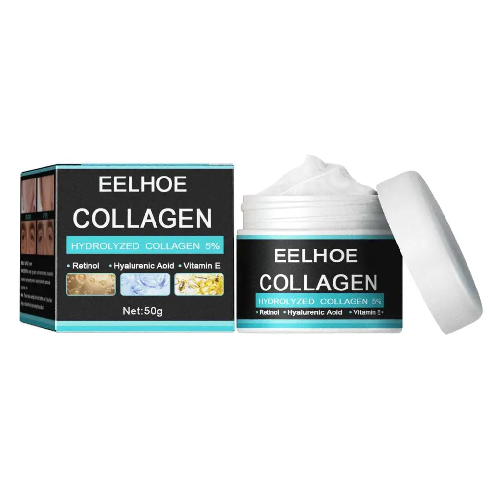 Eelhoe men’s moisturizing nourishing skin collagen cream in white jar with black teal label contains 5 percent hydrolyzed collagen