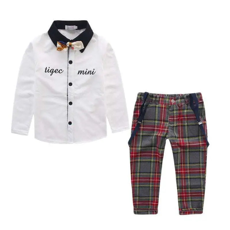 Men’s plaid suspenders treasure suit tide suit with white long-sleeved shirt and red gray plaid pants featuring navy suspenders