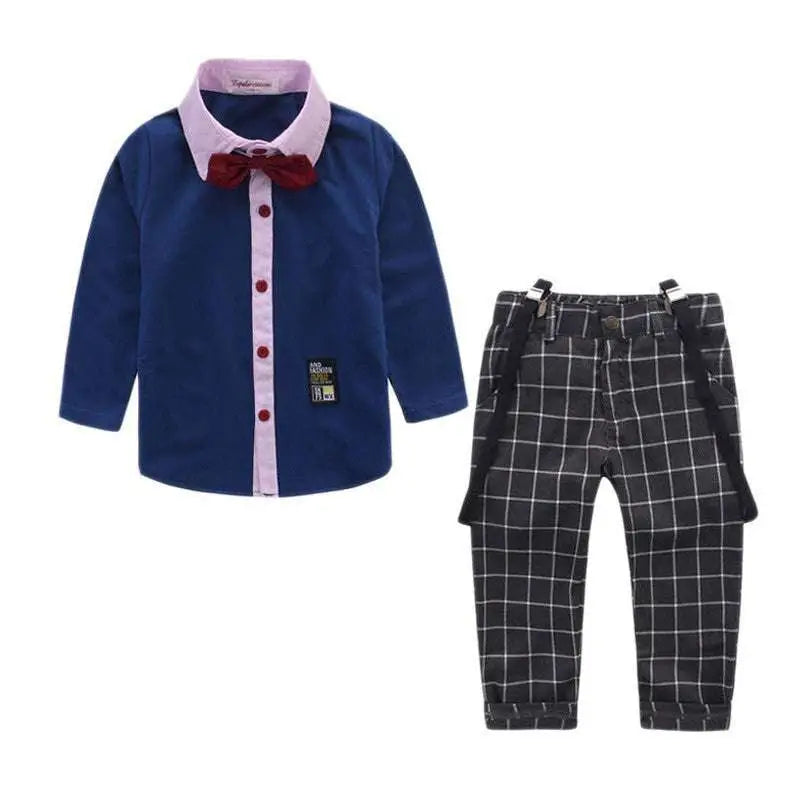 Men’s plaid suspenders treasure suit tide suit featuring navy blue long-sleeved shirt with pink collar and red bow tie