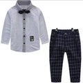 Men’s plaid suspenders treasure suit tide suit featuring gray long-sleeved shirt with black bow tie and navy plaid pants