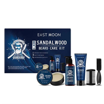 East moon sandalwood men’s beard care kit with blue and black packaging includes sandalwood beard shampoo and accessories