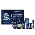 East moon sandalwood men’s beard care kit in blue and black packaging with beard butter face wash restore lotion brush comb for sandalwood beard care