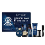 East moon sandalwood men’s beard care kit in blue and black packaging with beard butter face wash restore lotion brush comb for sandalwood beard care