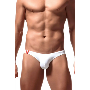 Mens spandex white striped bikini briefs underwear featuring red striped waistband by malowinda mens spandex
