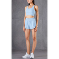 Light blue two-piece athletic set with breathable mesh pockets fitness design featuring cropped tank and high-waisted shorts
