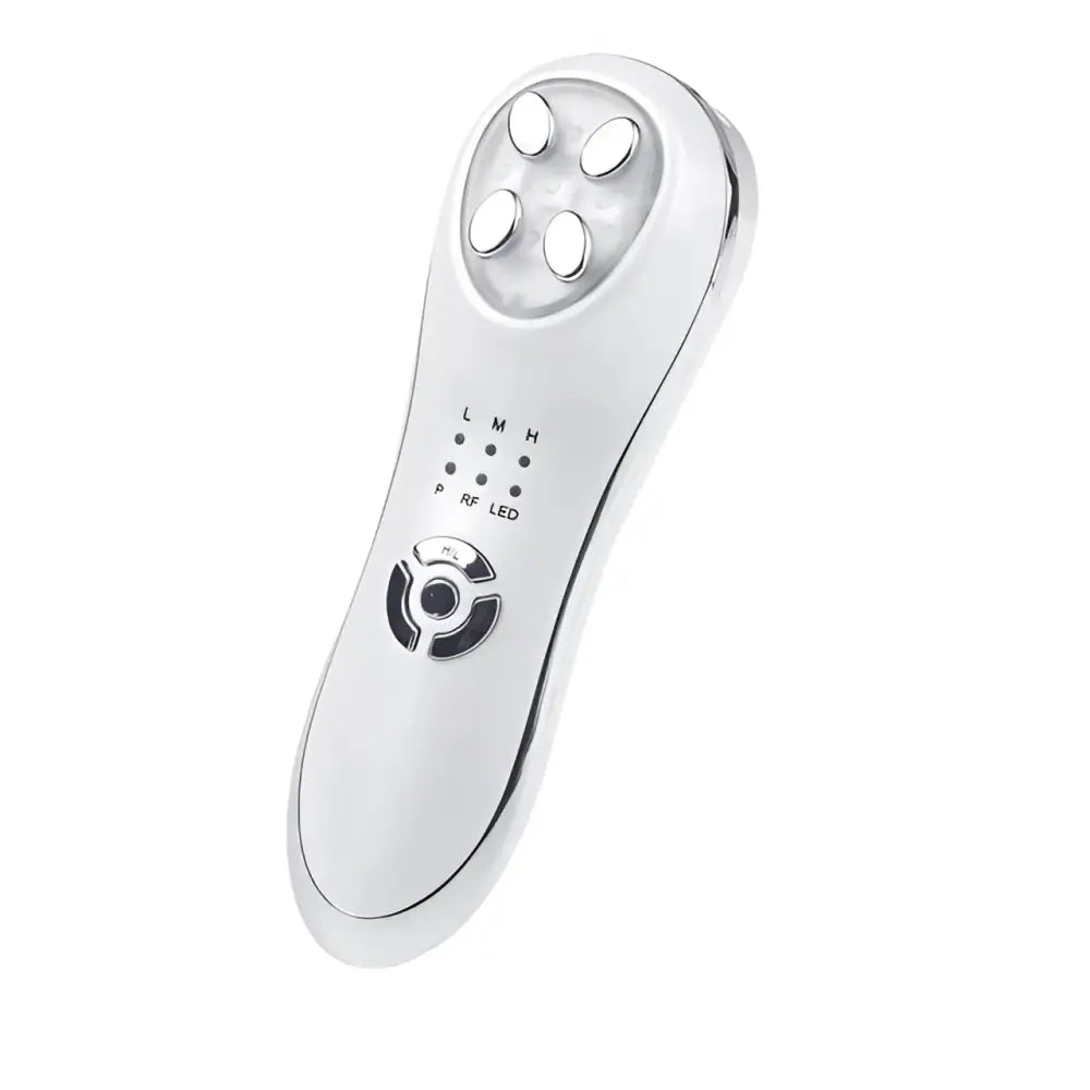 Silver-toned mesotherapy electroporation rf skincare device with four circular treatment heads and rf led control dial