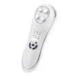 Silver-toned mesotherapy electroporation rf skincare device with circular treatment heads and control dial for modes and intensity levels