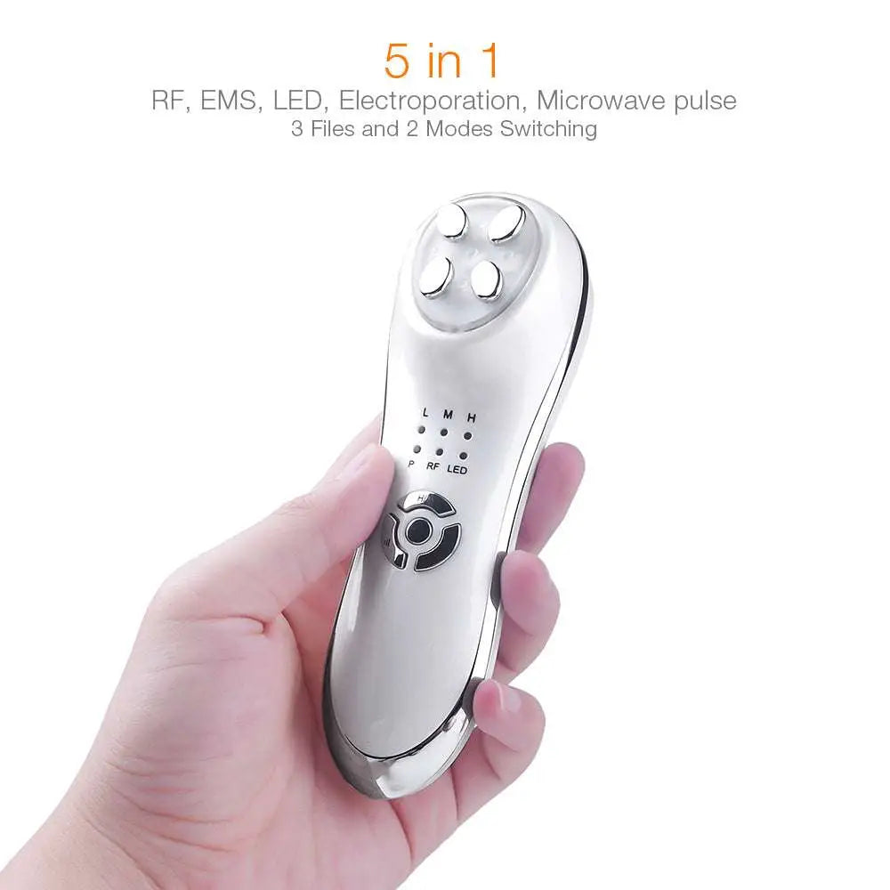 Silver and white 5-in-1 mesotherapy electroporation rf skincare device with four circular treatment heads for facial care