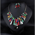 Metal geometric shape rhinestone earring necklace set with vibrant enamel accents and silver-toned chains necklace set