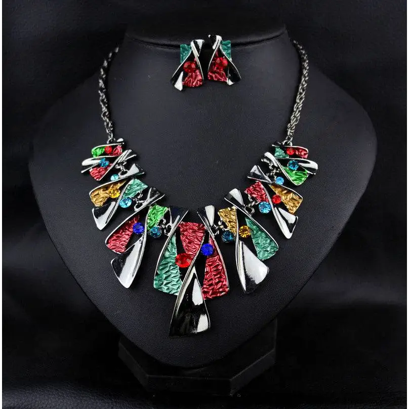 Metal geometric shape rhinestone earring necklace set with vibrant enamel accents and silver-toned chains necklace set