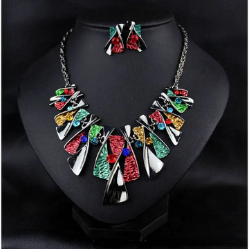 Metal geometric shape rhinestone earring necklace set with vibrant enamel accents and silver-toned chains necklace set