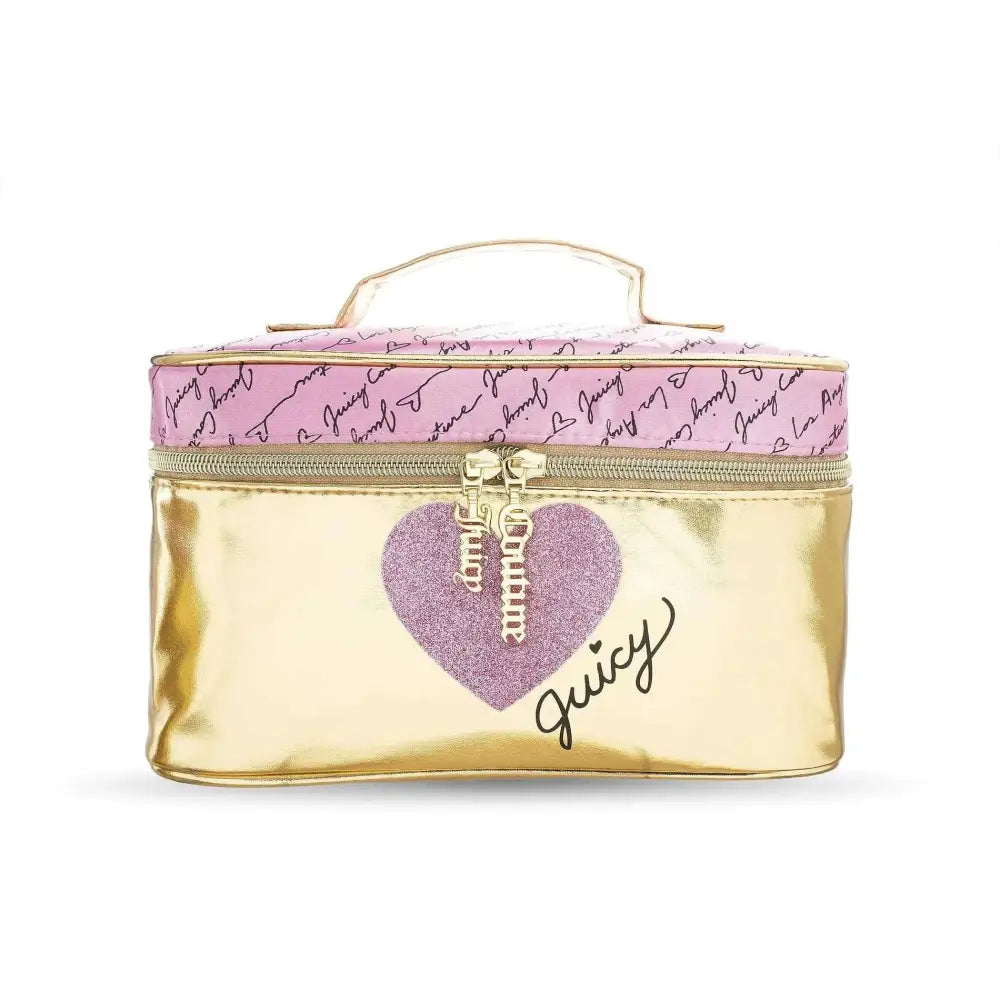 Metallic gold travel train case cosmetics bag with pink patterned top, glittery purple heart, juicy couture grab handle