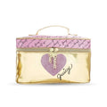 Metallic gold travel train case cosmetics bag with pink patterned top, glittery purple heart, juicy couture logo, and grab handle