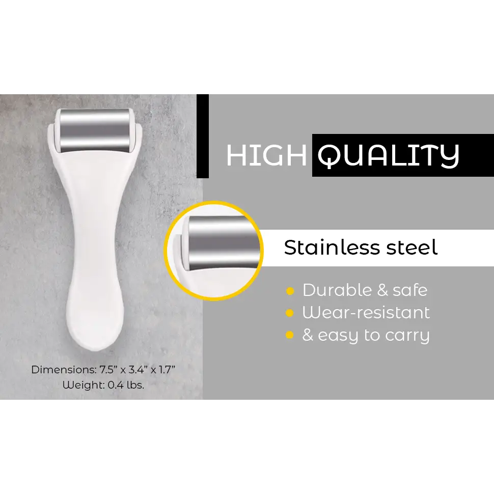 White-handled metallic ice roller with polished stainless steel head for skin cooling spa treatment and cooling spa use