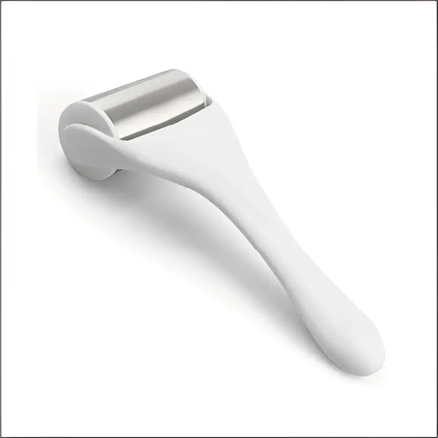 White plastic handle metallic ice roller with metal roller head for skin cooling spa treatment and facial care