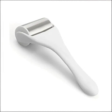White plastic handle metallic ice roller with metal roller head for skin cooling spa treatment and facial care