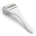 White silicone handle metallic ice roller with polished stainless steel head for skin cooling spa treatment use