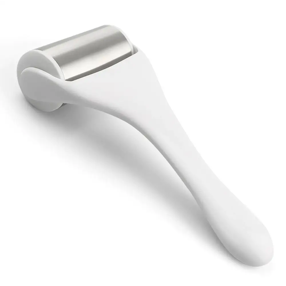 White silicone handle metallic ice roller with polished stainless steel head for skin cooling spa treatment use