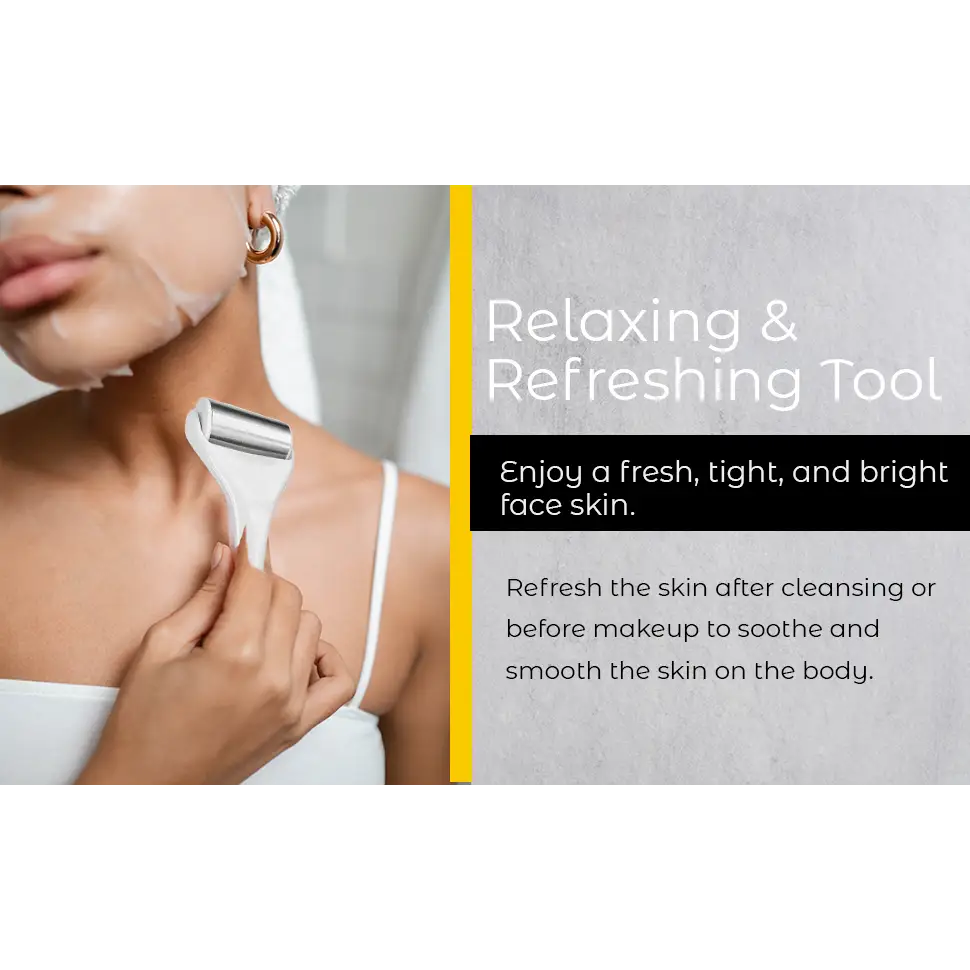 Metallic ice roller in white and silver with smooth rounded head for skin cooling spa treatment and skin smoothing