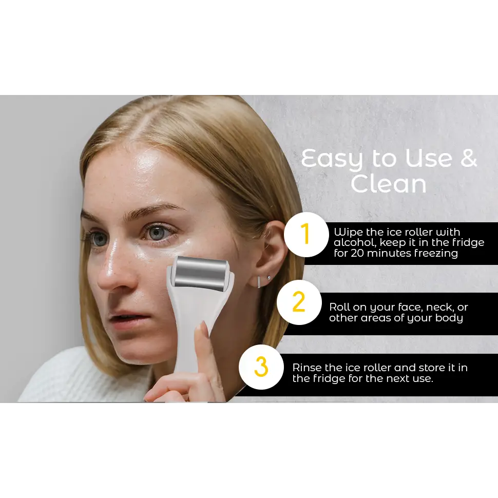 White and silver metallic ice roller with smooth rounded head for skin cooling spa treatment and skincare use