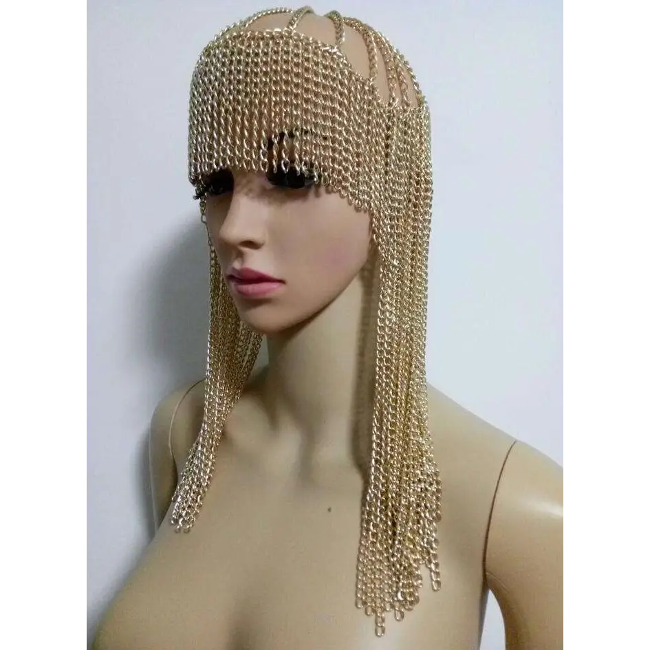 Dark metallic chainmail dome pendant mask head with mesh design and long dangling chains for striking style