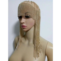 Metallic mesh dome pendant mask head chain with gold chain headpiece and cascading strands in chainmail design