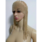 Metallic mesh dome pendant mask head chain with gold chain headpiece and cascading strands in chainmail design