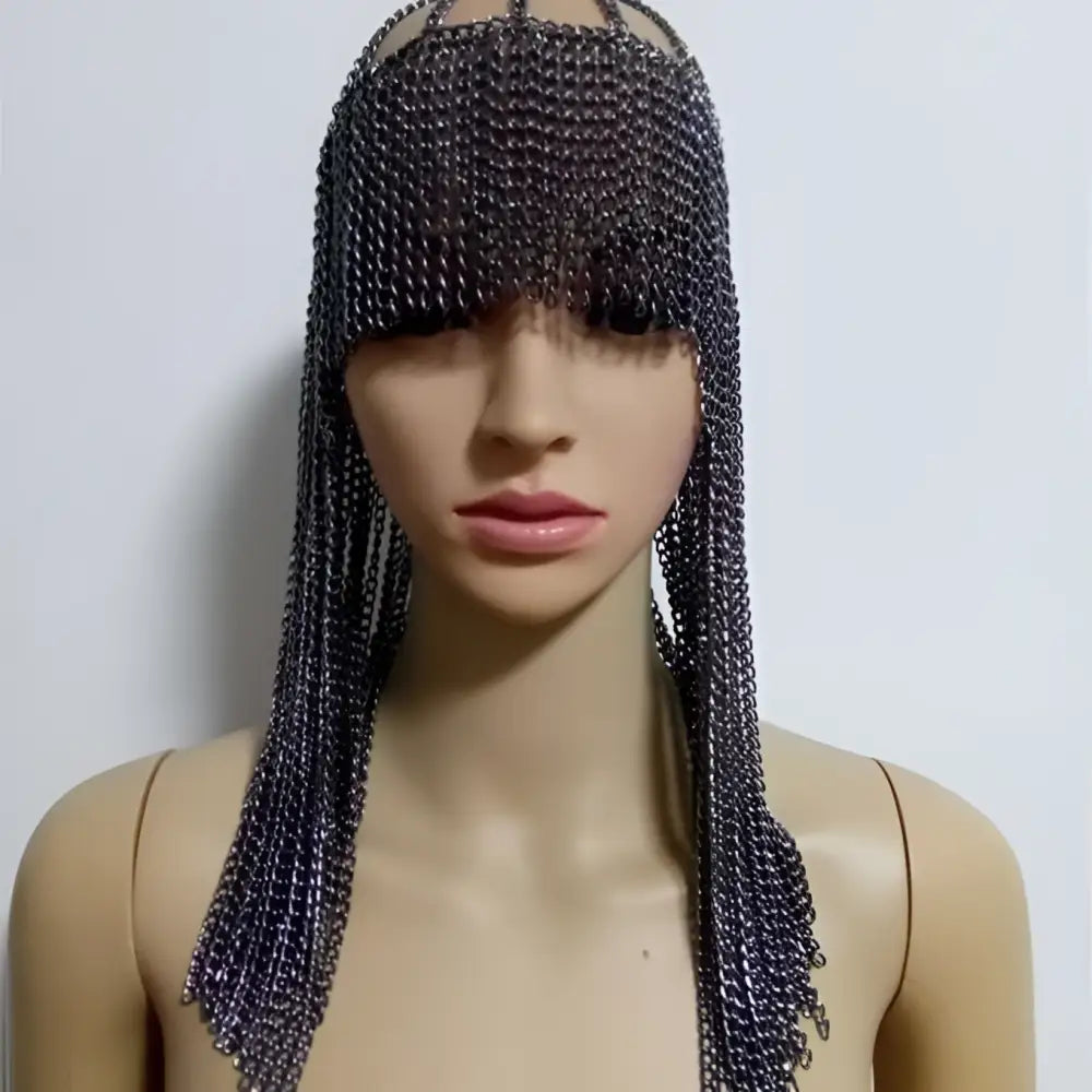Dark metallic chainmail dome pendant mask head with mesh design and long dangling chains for striking style
