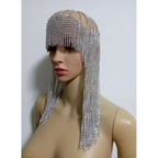 Silver chainmail dome pendant mask head with cascading fringe and intricate mesh design for metallic mesh dome pendant look