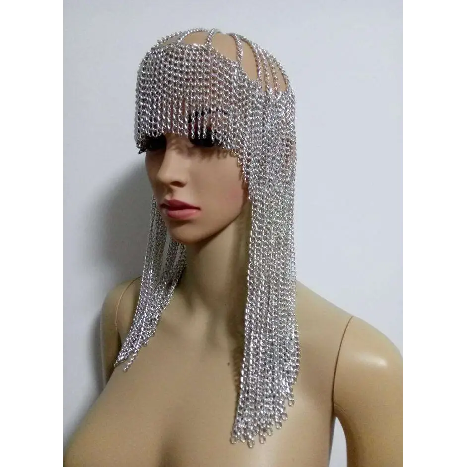 Silver chainmail dome pendant mask head with cascading fringe and intricate mesh design for metallic mesh dome pendant look