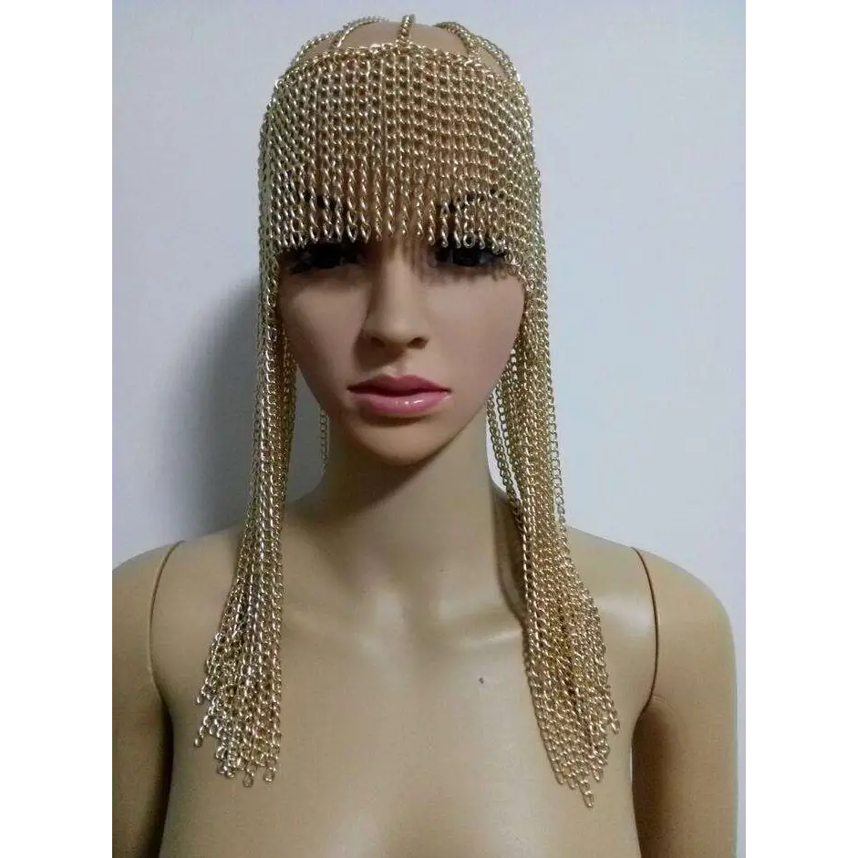 Gold chainmail dome pendant mask head featuring a mesh dome pendant with cascading fringe detail