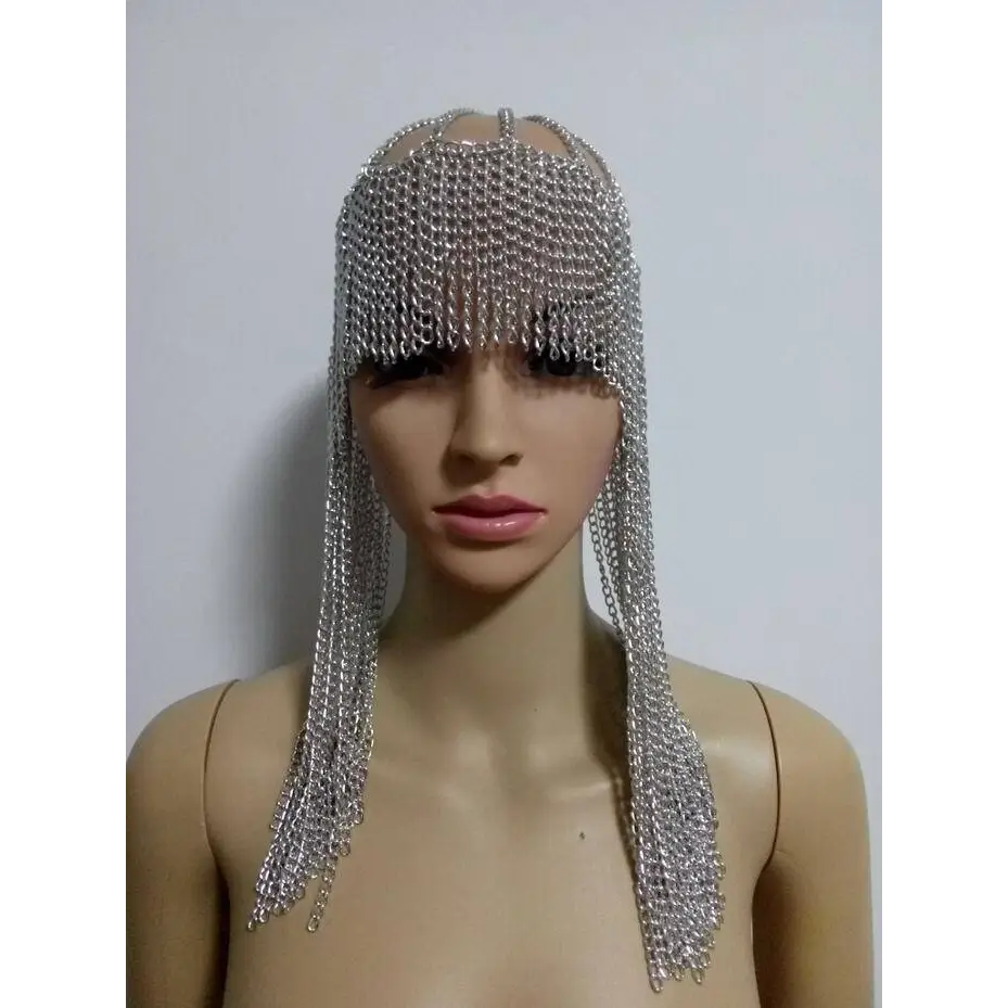 Silver chainmail metallic mesh dome pendant mask head chain with cascading fringe for elegant festival wear