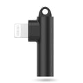 Black mfi certified iphone headphone adapter keychain with cylindrical design and angled lightning connector