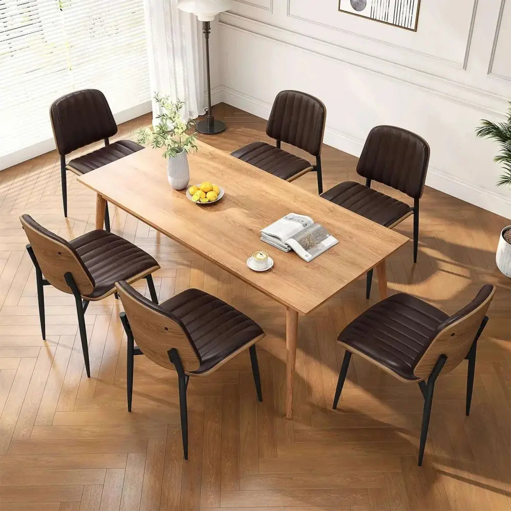 Mid century modern dining chairs set of six with dark brown upholstered seats and black metal legs for living room