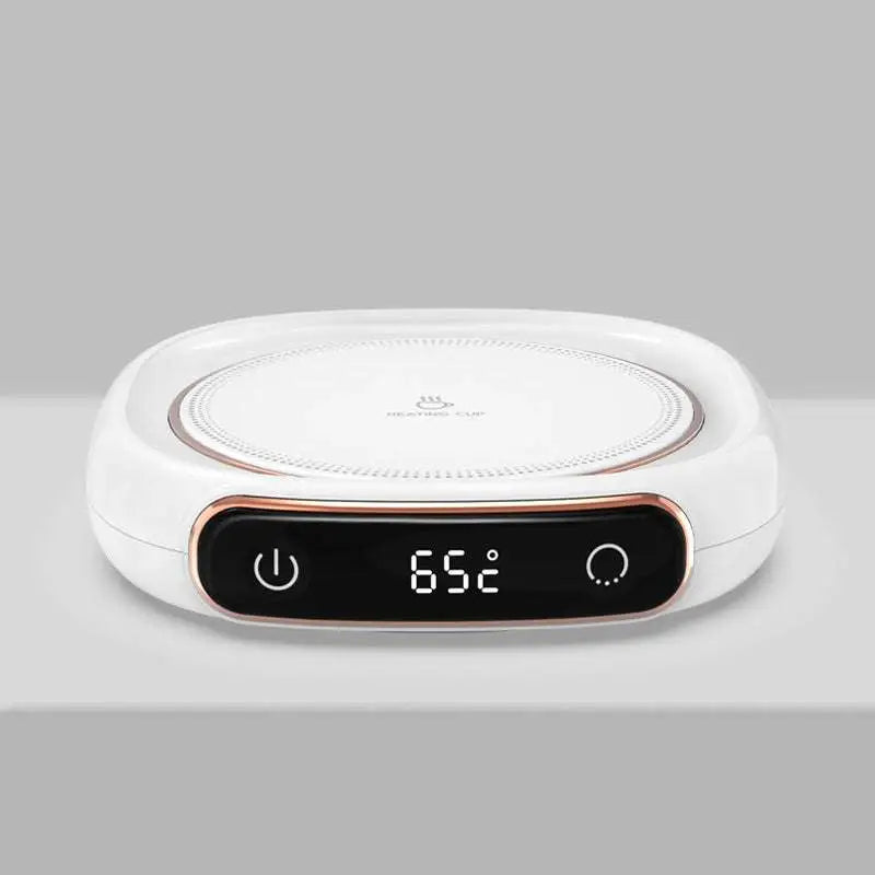 White ceramic milk heating insulation base desktop digital cup warmer with rose gold trim and 65°c digital display