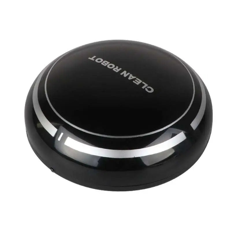Black circular mini desktop robot vacuum cleaner with silver accent rings and clean robot branding for efficient cleaning