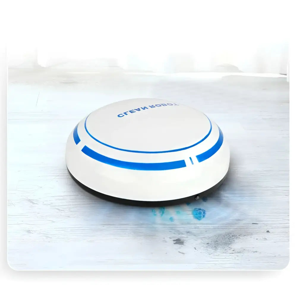 White and blue circular mini desktop robot vacuum with sleek modern design for efficient cleaning on desktops