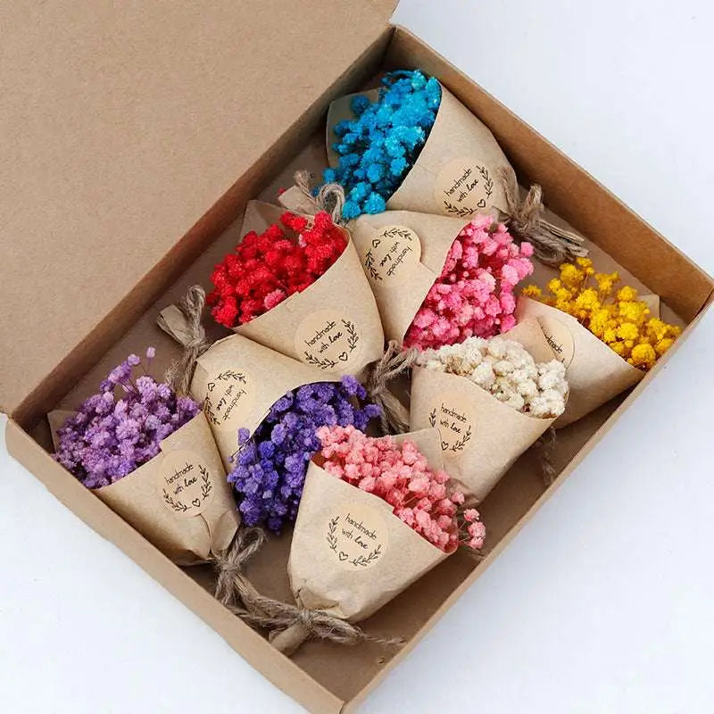 Mini dried flower bouquet gift box featuring colorful dried flower bouquets in brown paper cones tied with twine for home decoration