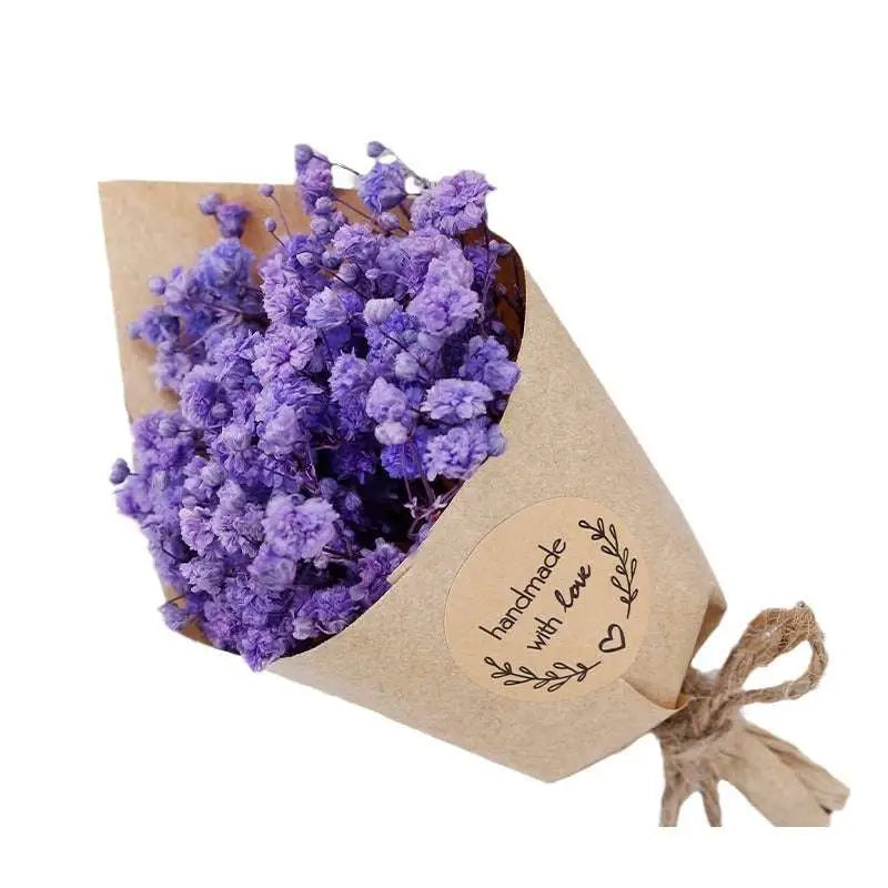 Mini dried flower bouquet gift box with delicate dried lavender wrapped in brown kraft paper for home decoration