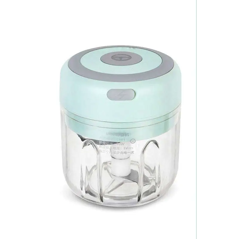 Mini electric garlic chopper with a clear glass bowl, stainless steel blade, and mint green and gray design