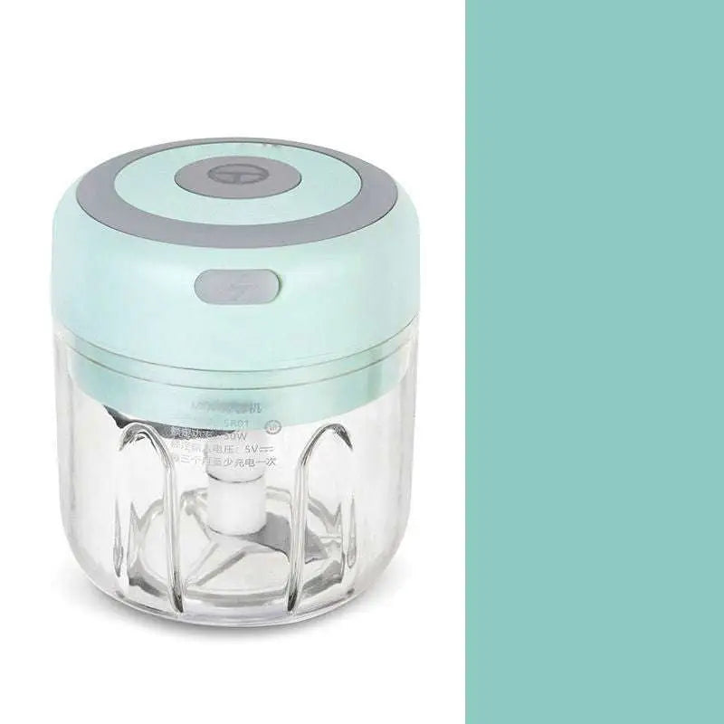 Mini electric garlic chopper in mint green with gray lid and glass bowl featuring stainless steel blade for easy chopping