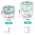 Mini electric garlic chopper with mint green plastic body, clear glass bowl, gray lid accent, and stainless steel blade