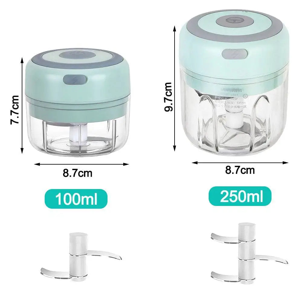 Mini electric garlic chopper with mint green plastic body, clear glass bowl, gray lid accent, and stainless steel blade