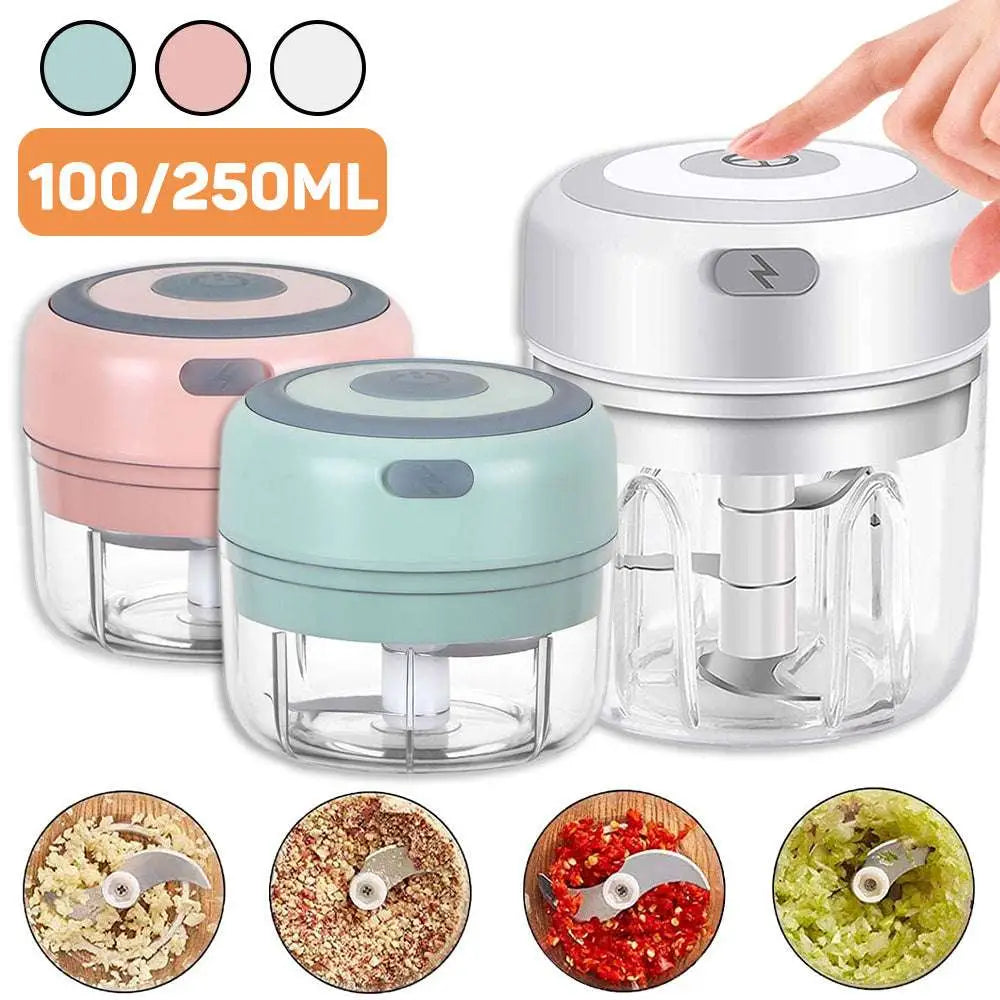Pastel-colored mini electric garlic chopper with stainless steel blade and clear glass bowl for easy food preparation