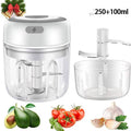 White and transparent mini electric garlic chopper with glass bowl and stainless steel blade assembly for easy chopping