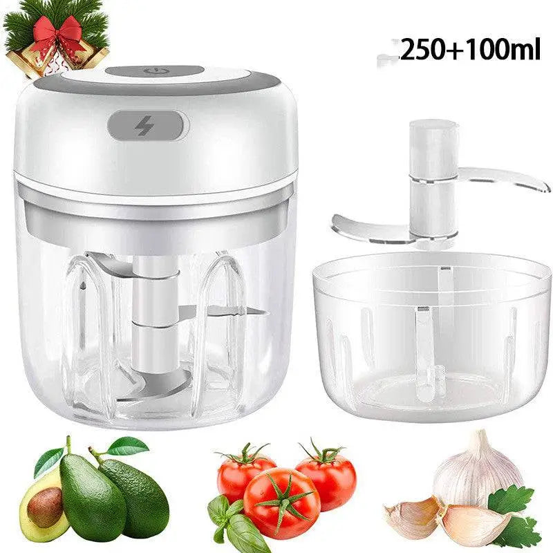 White and transparent mini electric garlic chopper with glass bowl and stainless steel blade assembly for easy chopping