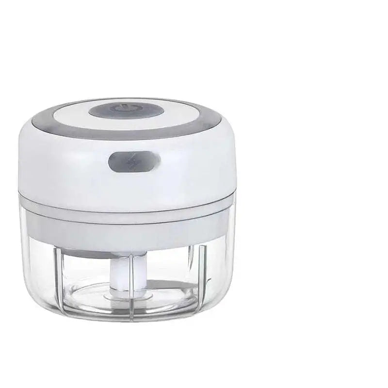 Compact white and gray mini electric garlic chopper with stainless steel blade and clear glass bowl for efficient food chopping