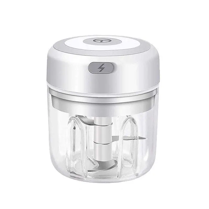 White and transparent mini electric garlic chopper with glass bowl and stainless steel blade inside clear container
